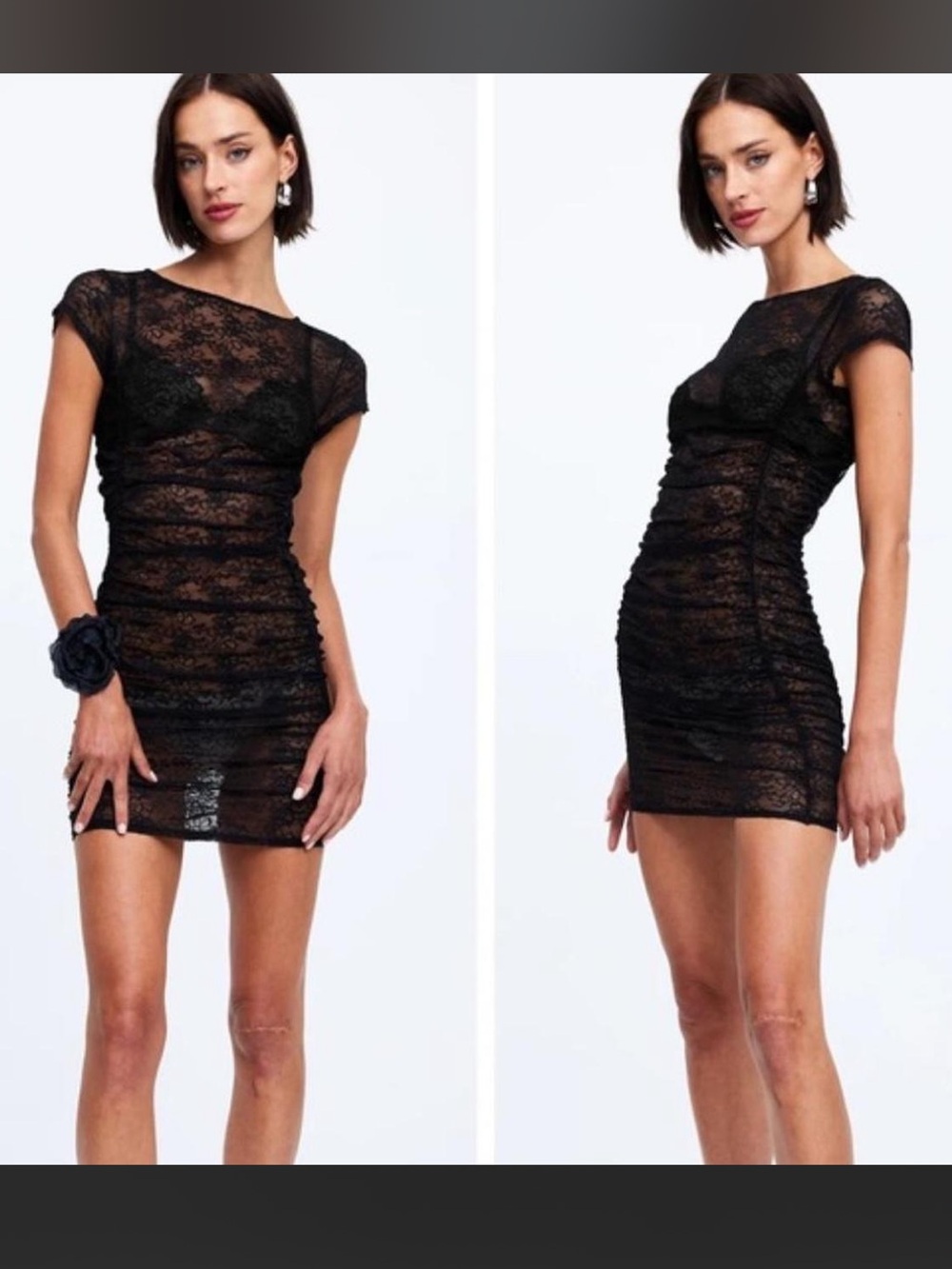 Lioness Black Lace Ruched Cap-Sleeve Mini Dress